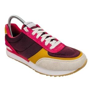 Michael Kors Andi Pink/Yellow/Burgundy Color Block Nylon Suede Trainers Sneakers